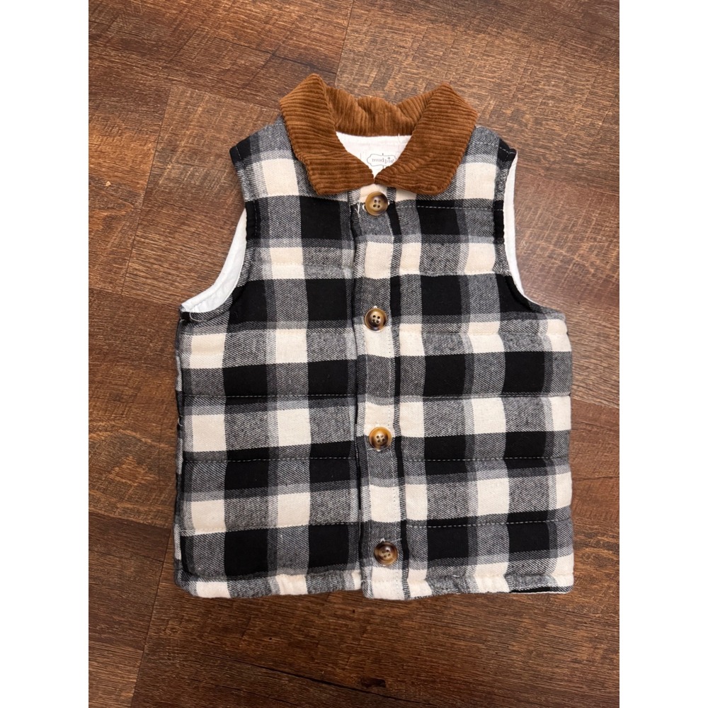 Mud Pie Baby Boys 12-18M Buffalo Plaid Puffer Vest Corduroy Collar